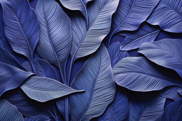 blue paper leaves with blue background, in the style of photorealistic compositions, junglepunk, - obrazy, fototapety, plakaty