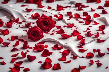 image paints a serene picture with a pure silk white backdrop adorned by scattered red rose petals. Against the pristine white canvas, the vivid red petals create a striking contrast.