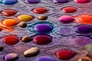  stones in a gradient each stone, from red to violet, creates a vibrant spectrum amidst the tranquil ripples, showcasing the beauty of natural hues in water