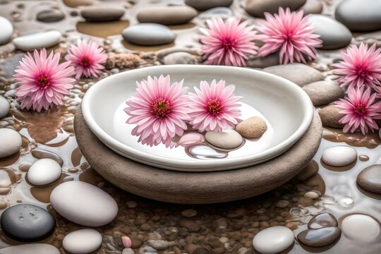 a closeup image of a rectangular shape bowl, in that bowl water and stones, on that stones some white and pink flowers , on that stones one big white stone , that bowl is on mud as background