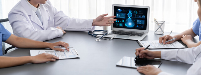 Group of doctor or researcher studying genetic disease in DNA with laptop, analyze genetic data,...