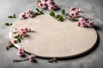 Obraz na płótnie Canvas a close up image of a oval shape cream color stone, on grey floor some small small pink flowers and small small leaves around that stone on that floo