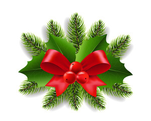 Christmas Holly Berry With Fir Tree And White Background
