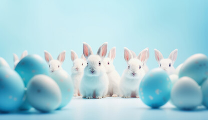 illustration of a group of white easter bunnies and blue easter eggs on light blue background
