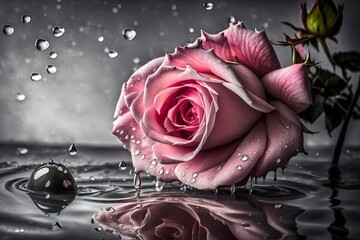 The contrast between the muted grey background and the vibrant colors of the rose, coupled with the glistening water droplets, creates a visually captivating and harmonious display.