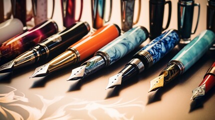 A pristine array of calligraphy pens, each inked in vibrant hues, poised gracefully on a textured writing surface