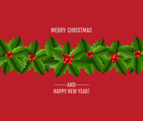 Merry Christmas Card With Holly Berry