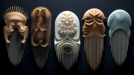A pristine collection of combs, their intricate teeth forming delicate patterns amidst soft studio lighting