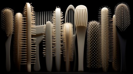 A pristine collection of combs, their intricate teeth forming delicate patterns amidst soft studio lighting