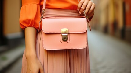 Close up of a woman's hand holding a pink leather handbag. Peach Fuzz color - obrazy, fototapety, plakaty