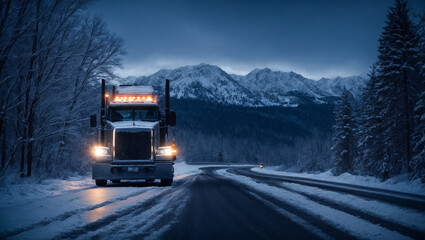 Obraz premium Truck driving on winter night road logistic