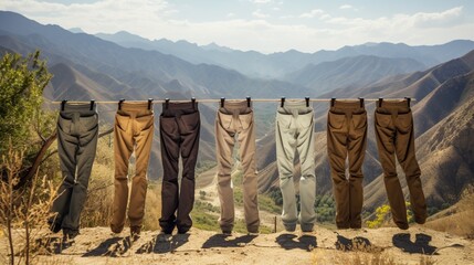 A row of durable, abrasion-resistant hiking pants and shorts neatly arranged against a backdrop of winding mountain trails - obrazy, fototapety, plakaty