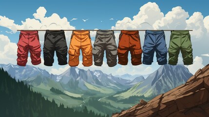 A row of durable, abrasion-resistant hiking pants and shorts neatly arranged against a backdrop of winding mountain trails