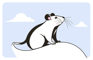 A white and black rat on a background of a light blue sky, vector illustration.