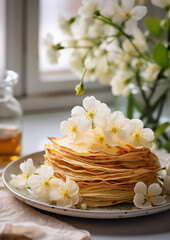 a stack of hot fresh thin crepe lies on a plate on the table against the background of a modern kitchen, spring flowers