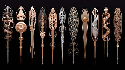 A series of hair clips arranged in a graceful pattern, reflecting subtle hues under studio illumination