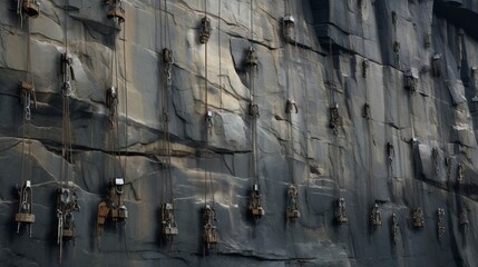 A series of heavy-duty climbing anchors and bolts embedded in sheer rock faces, emphasizing strength and reliability