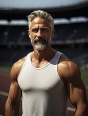 Fototapeta na wymiar Gray haired man wearing white tank top, stadium background