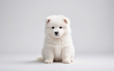 Fototapeta premium Cachorro de raza Samoyedo, sentado, mirando al frente, sobre fondo blanco