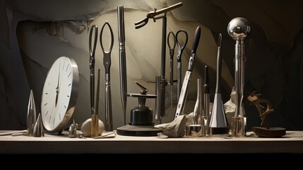 A series of sculptor's tools set against a textured backdrop, the polished steel catching reflections in a softly lit studio