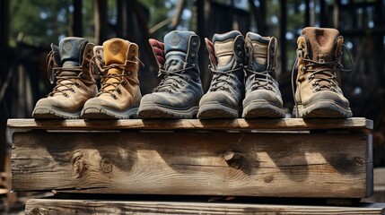 A series of worn-in, durable hiking boots arranged on a weathered wooden platform, evoking memories of challenging trails