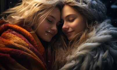 women friends, wrapped in a warm blanket, warm themselves in a cozy atmosphere.
