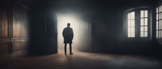 Obraz premium Silhouette of a man against the background of a glowing door entrance in a large empty dark room
