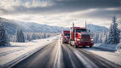 Truck driving along a winter road during the day cold