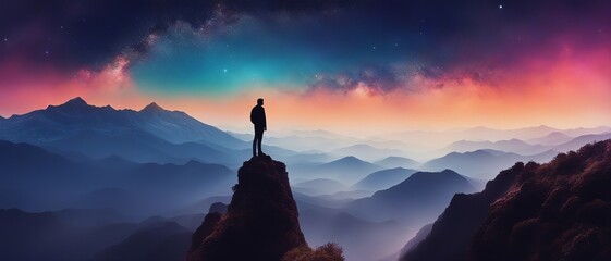 Silhouette of a man standing on a rock on a multicolored mountain background and starry sky
