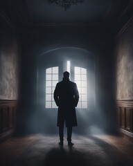 Silhouette of a man against the background of light in the entrance to the house - obrazy, fototapety, plakaty
