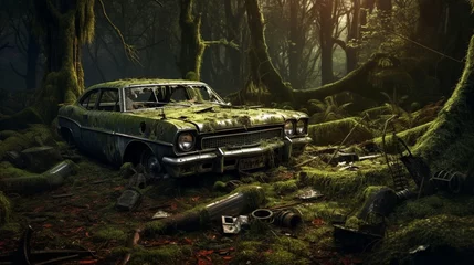 Poster A vintage car wreck, nestled in the heart of a forgotten, moss-covered grove © ra0