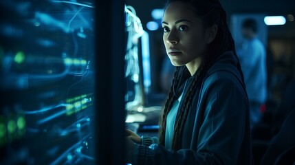 A female cybersecurity expert protecting servers by defending against hacking attacks. Her screen is filled with security alerts and code. generative AI