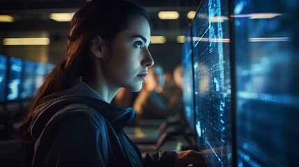 A female cybersecurity expert protecting servers by defending against hacking attacks. Her screen is filled with security alerts and code. generative AI - obrazy, fototapety, plakaty