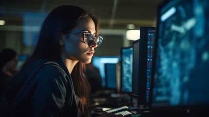 A female cybersecurity expert protecting servers by defending against hacking attacks. Her screen is filled with security alerts and code. generative AI - obrazy, fototapety, plakaty