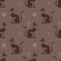 Brown egyptian decorated cat shape silhouette sitting. Seamless pattern. Vector illustration.