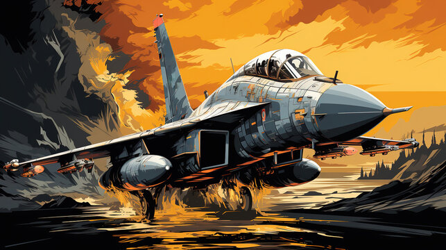 Contemporary Art Oil Painting With Vibrant Colors of Vintage Military Aircraft Background