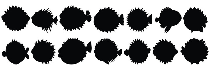 Pufferfish balloon fish silhouettes set, large pack of vector silhouette design, isolated white background © FutureFFX