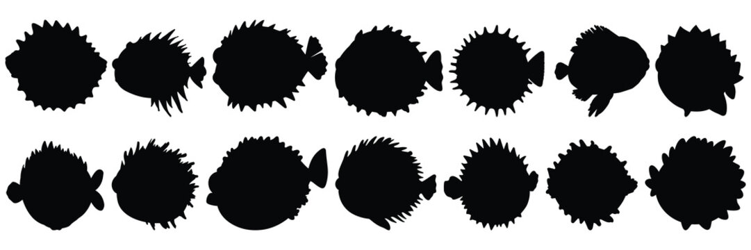Pufferfish balloon fish silhouettes set, large pack of vector silhouette design, isolated white background