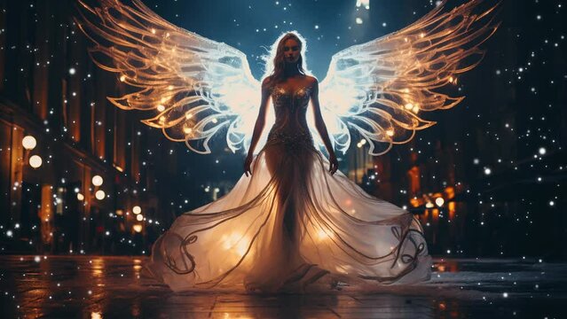 Beautiful woman angel on the night street. Magical animated environment