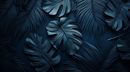 Fototapeta na wymiar paper background with blue tropical leaves, a lot of isolated negative space, in the style of monochromatic realism