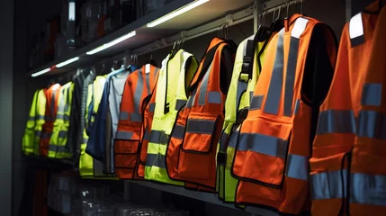 Foto op Canvas In a workshop setting, a collection of durable safety vests is on display, their reflective strips catching the light with precision © ra0
