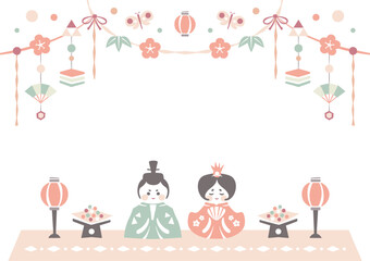 ひな祭りの背景フレーム お雛様と雛飾りの和風イラスト枠