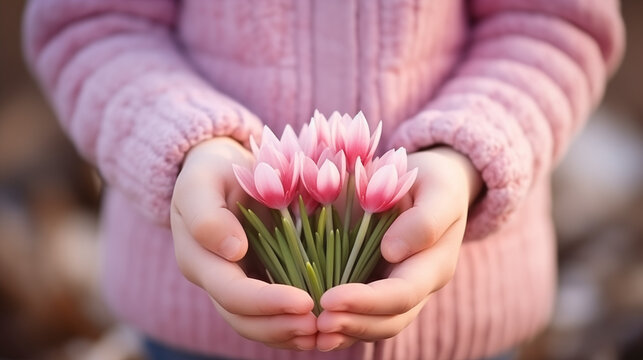 snowdrops in the hands of a child, pink, close-up, spring concept