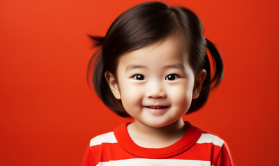 Adorable Asian toddler with a sweet smile, wearing a vibrant red shirt, over a striking red background, exuding cuteness and innocence
