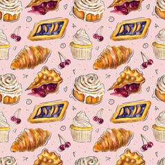 Hand drawn watercolor doodle bakery pattern with a cinnamon roll, a cherry pie, a blueberry pie and a cupcake. Doodle bakery. Seamless watercolor dessert pattern. Cute dessert pattern.