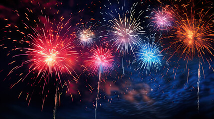 Fototapeta premium Red and blue fireworks on a beautiful night sky banner