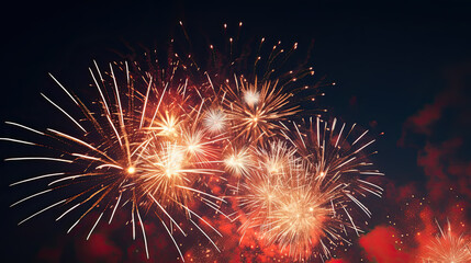 Obraz premium Red and blue fireworks on a beautiful night sky banner