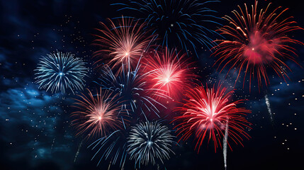 Fototapeta na wymiar Red and blue fireworks on a beautiful night sky banner