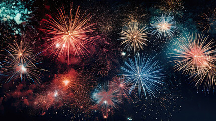 Red and blue fireworks on a beautiful night sky banner