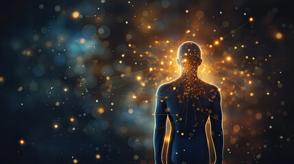 Human form surrounded by blue and gold particles of manifestation energy gathering around the head in space  - obrazy, fototapety, plakaty
